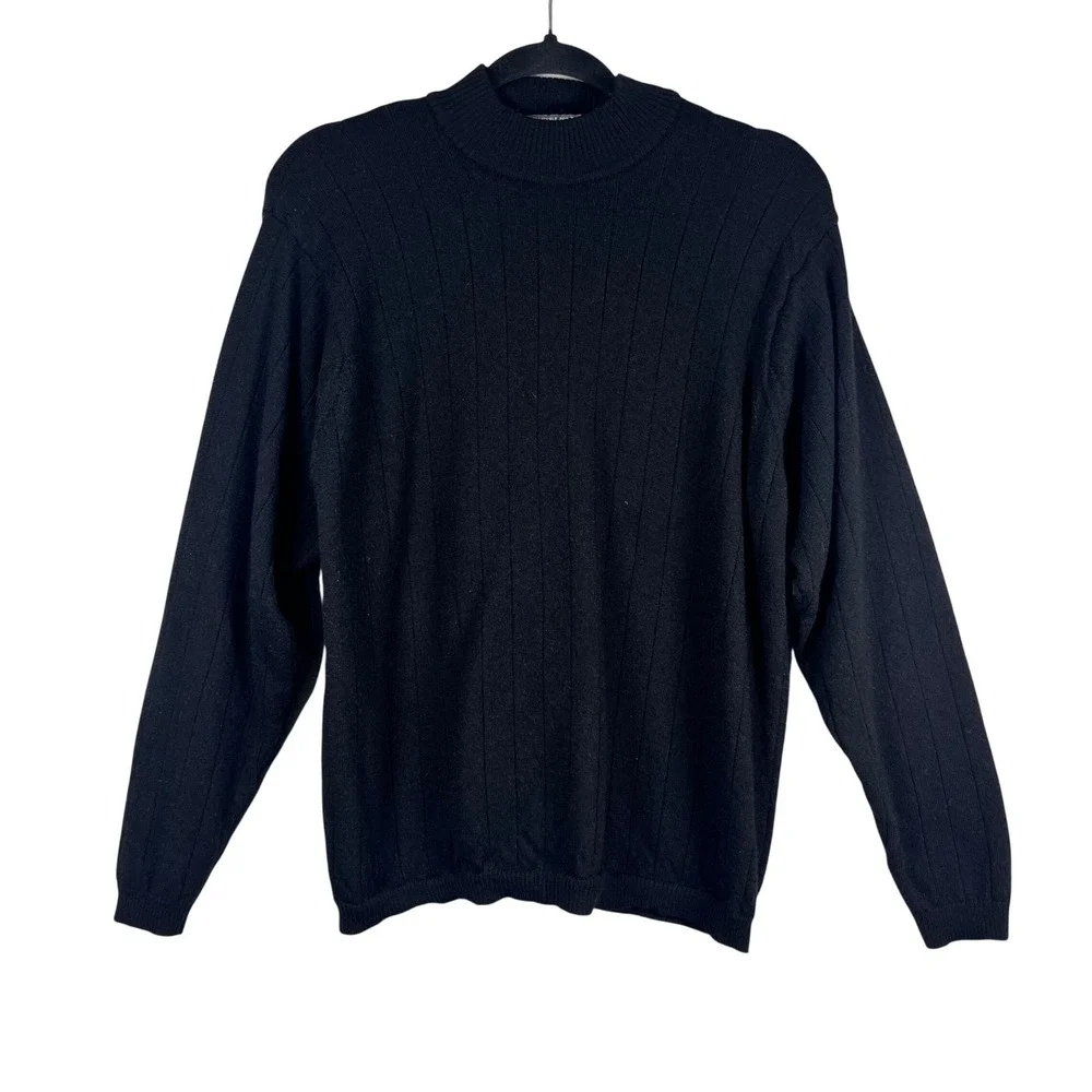 Lord & Taylor Sweater Mens Black‎ Merino Wool Ribbed Mock Neck Large